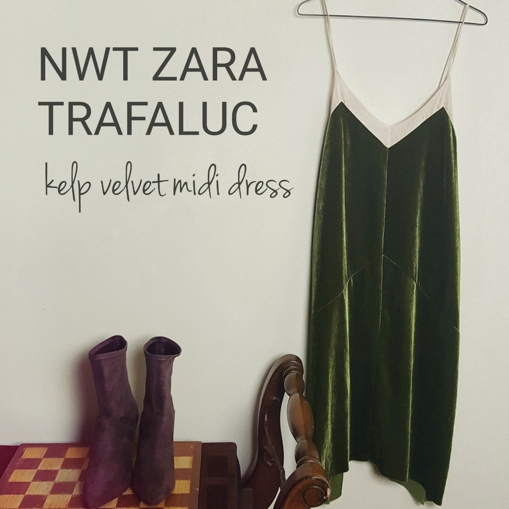 NWT Zara Trafaluc Kelp Velvet Midi Dress